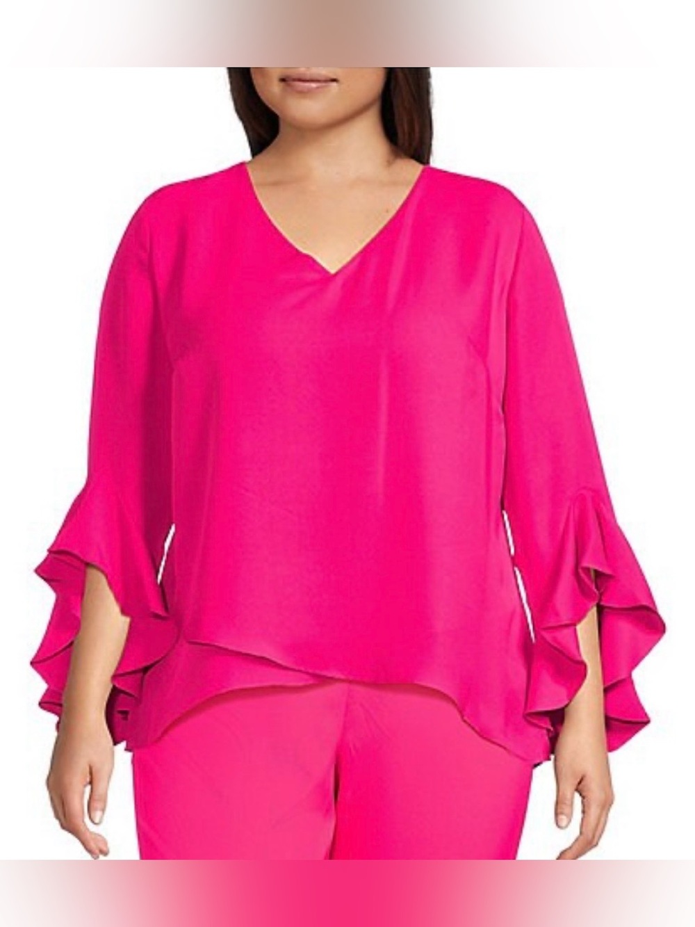 Frank Lyman Design Bright Hot Pink V-Neck Ruffle Sleeve Blouse